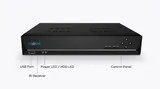 KAAMERAMAAILM.EE - Must Valvekaamerate Reolink RLN8-410 8-kanaliga salvesti 2TB on USB-port, IR-vastuvõtja, voolu / HDD LED-indikaatorid ees vasakul, pluss märgistatud juhtpaneel nuppudega paremal. (2/4)