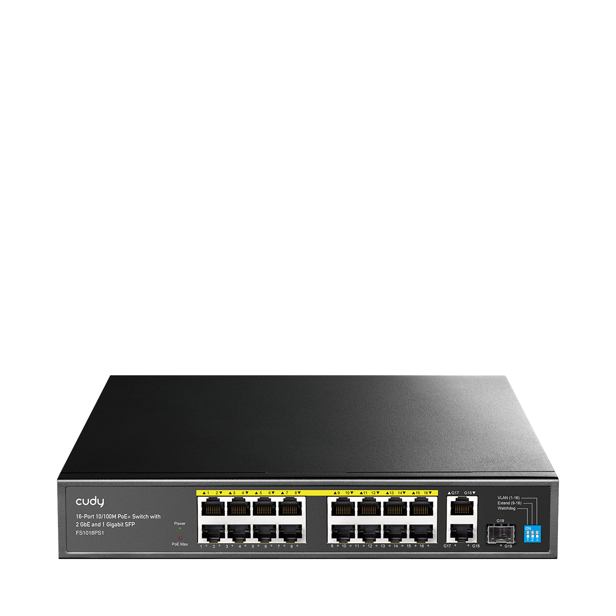 Switch FS1018PS1 16-portar 10/100Mbps PoE+ 2xportar GbE Uplink 1xuttag 1G SFP Ohanterad