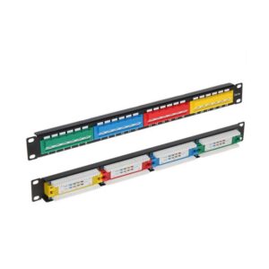 19" rack patch paneel 24-pordine Cat5e kategooria •. pesad 45° nurga all, 4 erivärvi sektsiooni