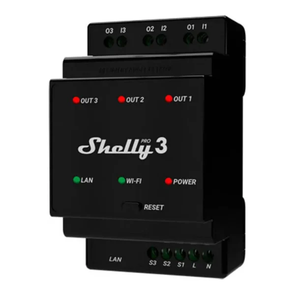 Shelly Pro 3 – DIN-liistule paigaldatav 3-kanaliline nutirelee